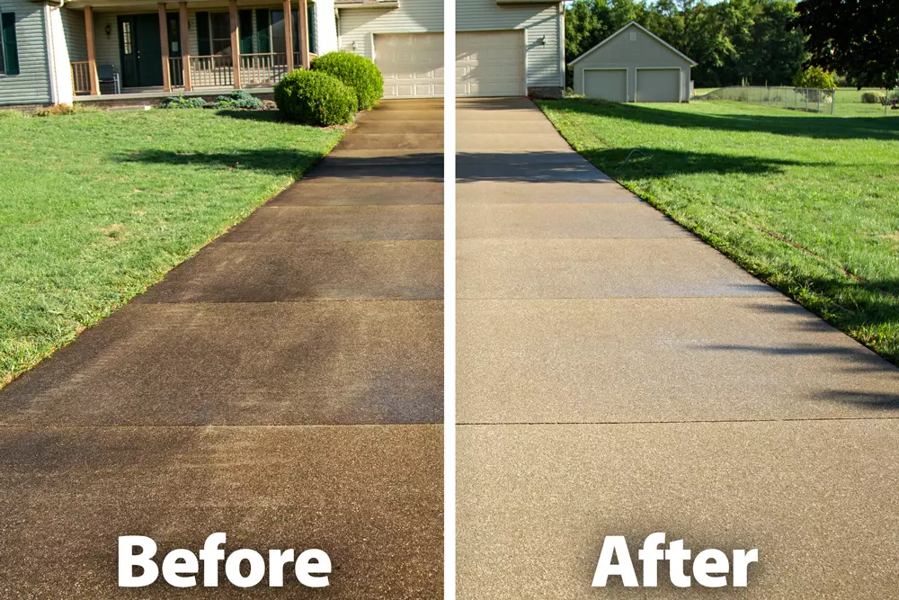 Before and after pressure washing a driveway